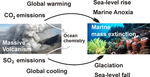 Schematic representation of how massive volcanic eruptions, like those which take part in the formation of Large Igneous provinces, may influence the global climate and environment.